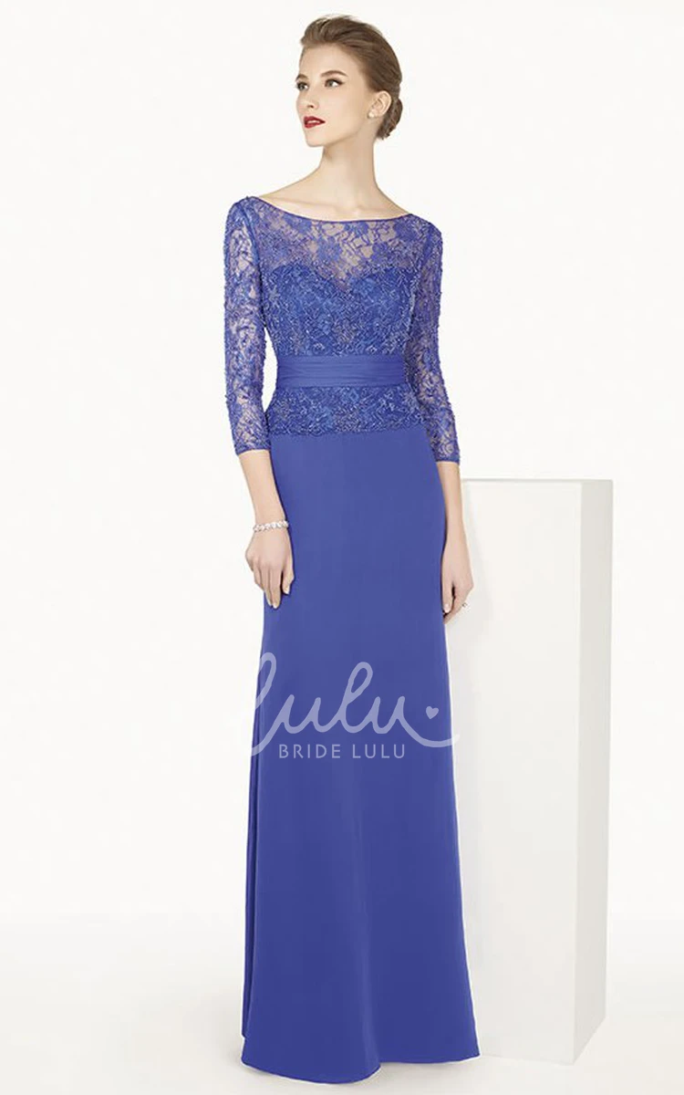 Lace Top Bateau Sleeve Long Prom Dress with Back Keyhole