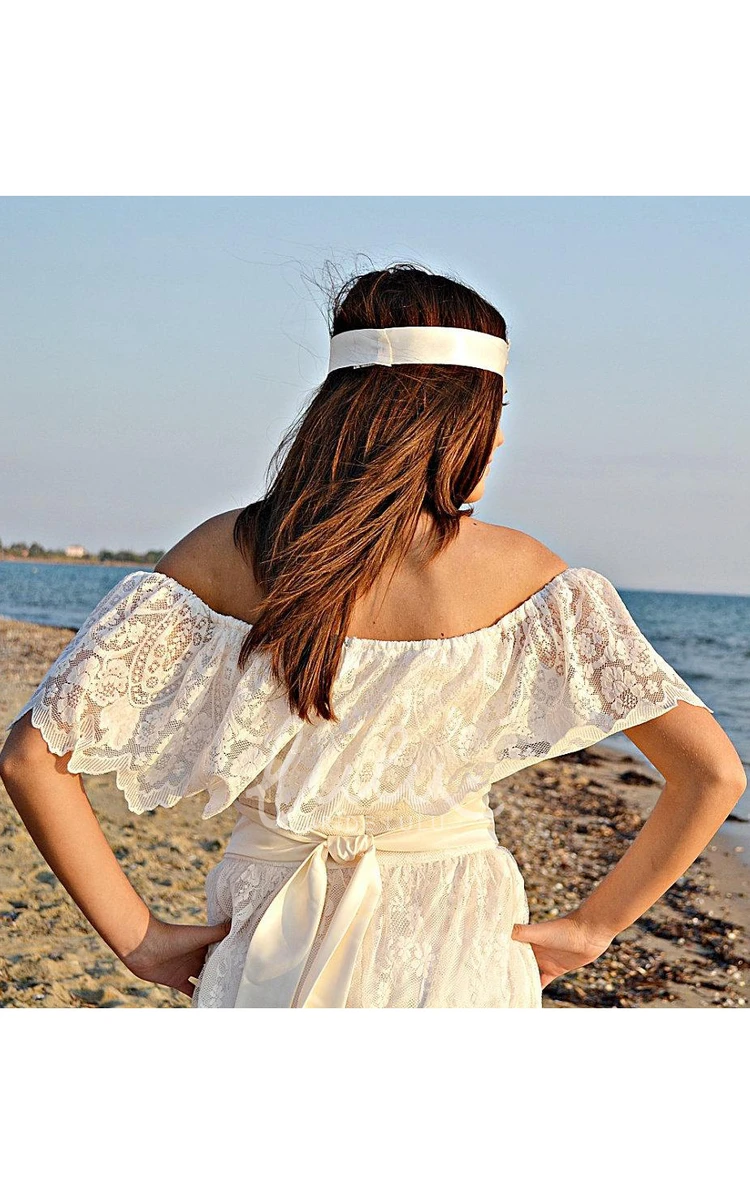 Boho Lace Wedding Dress Off-The-Shoulder Empire Style with Sash