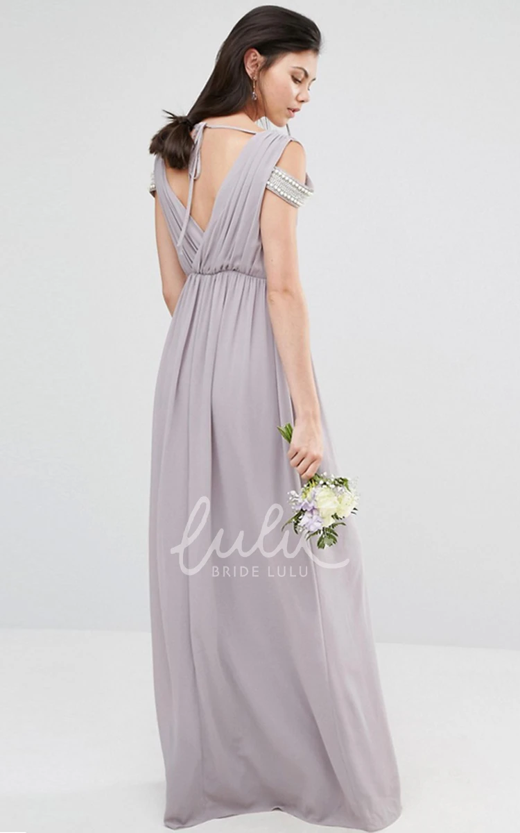 Beaded Sheath V-Neck Chiffon Bridesmaid Dress with Criss Cross Modern Prom Dress