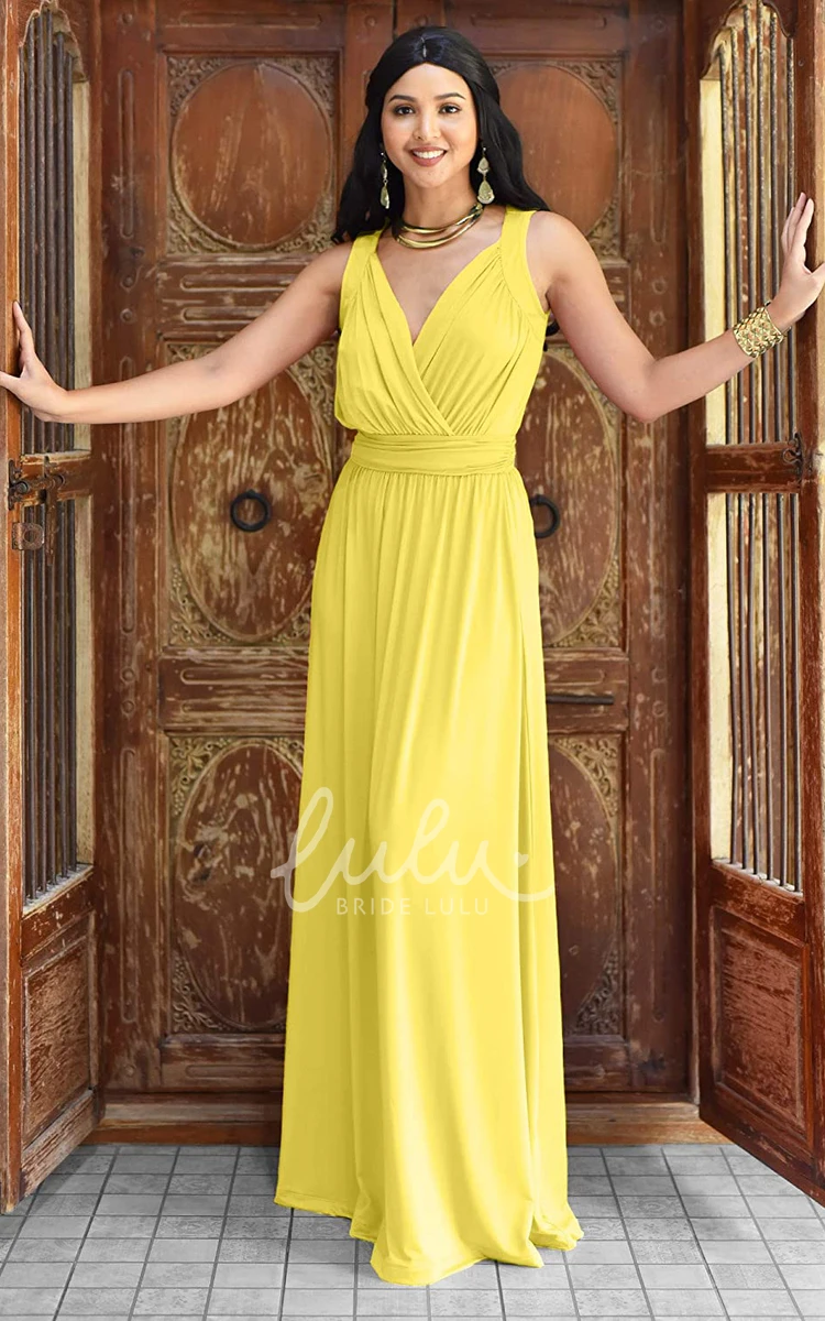 Chiffon V-neck A-line Bridesmaid Dress with Ruching Casual Floor-length