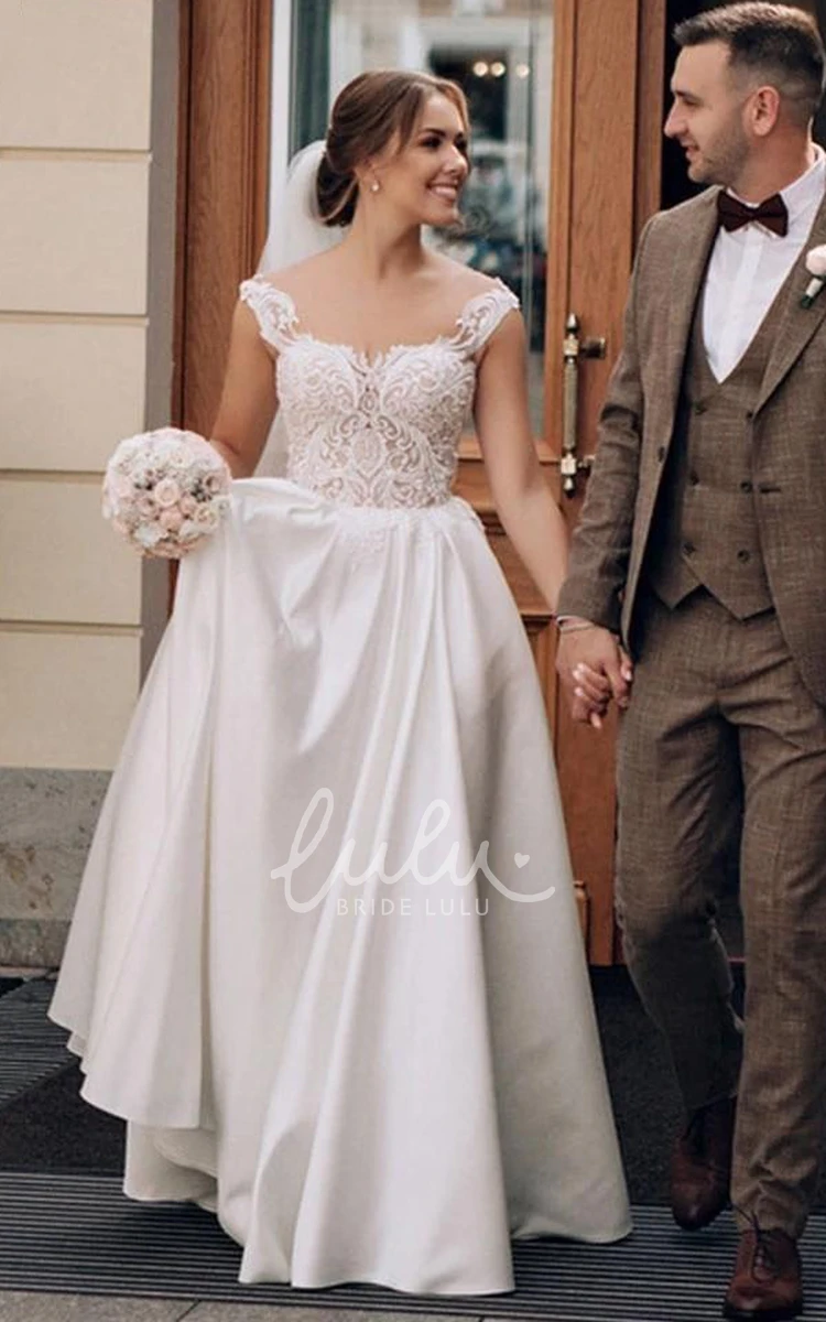 Elegant Illusion Button Satin Lace Wedding Dress with Ruffles