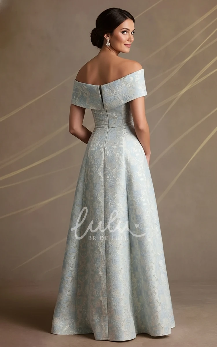 A Line Mother of the Bride Dress Jacquard Off Shoulder Pleated Bodice Formal Evening Gown Floor Length Elegant