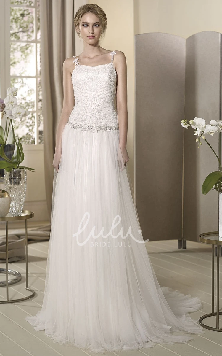 A-Line Sleeveless Tulle Wedding Dress with Appliques and Waist Jewelry