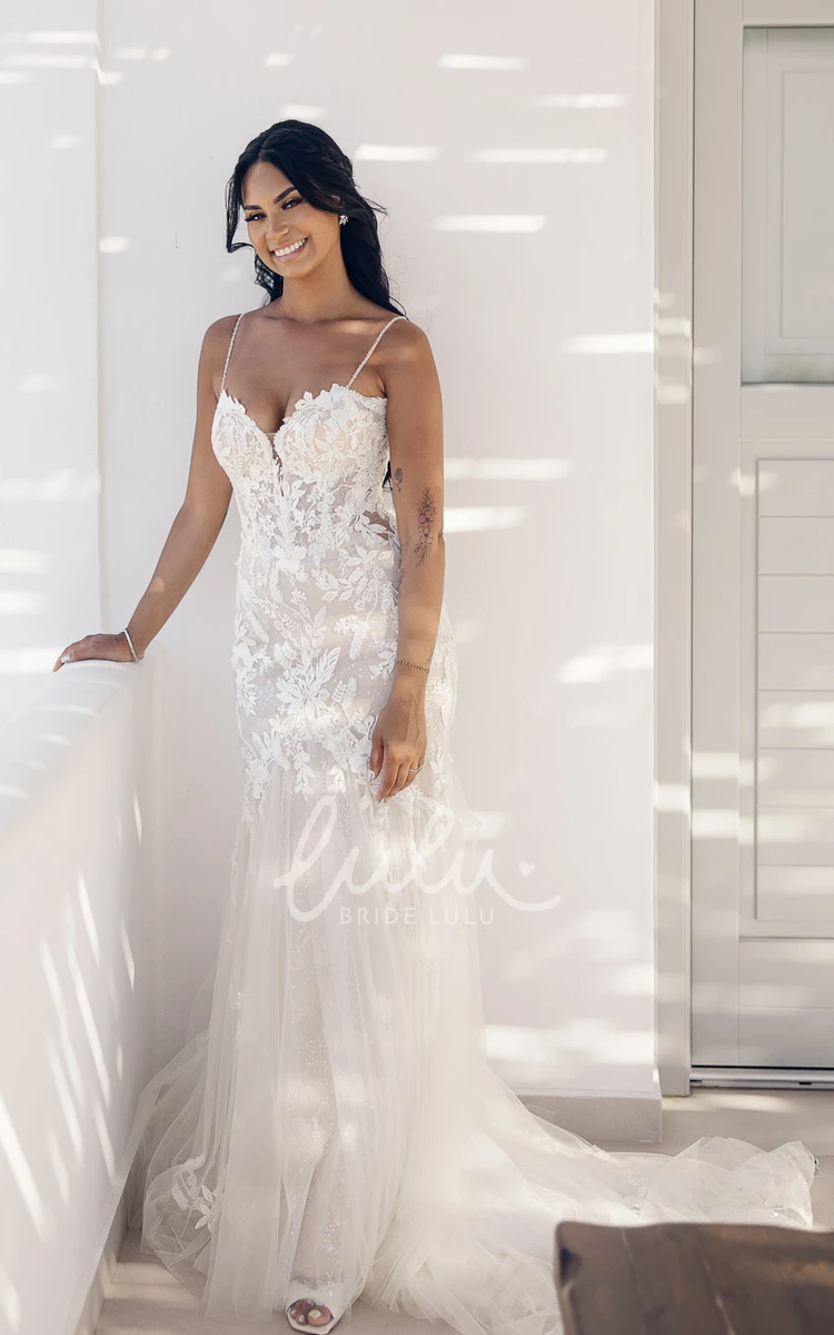 Floral Beach Mermaid Boho Lace Fit and Flare Wedding Dress Summer Garden Floor Length Bridal Gown with Appliques