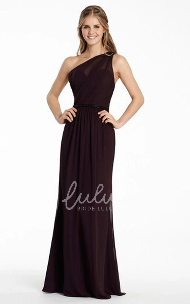 One-Shoulder Jeweled Chiffon Bridesmaid Dress with Ruching and Brush Train in Modern Sheath Style