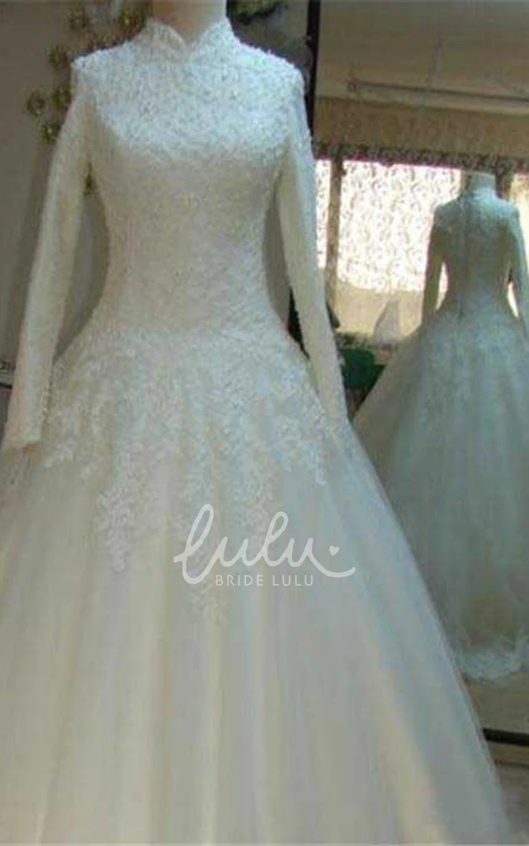 Lace Tulle Ball Gown Wedding Dress with High Neck Zipper