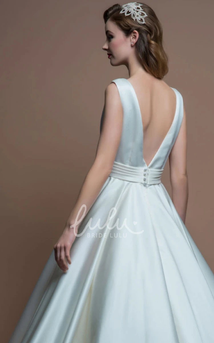 Jewel-Neck Satin Tea-Length Wedding Dress with Sleeveless A-Line and V Back