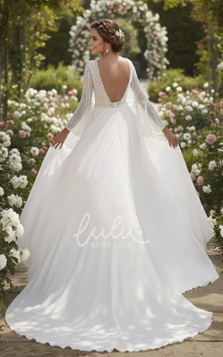 A-Line Boho Lace Long Sleeve Warm Bridal Gown Casual V-Neck Chiffon Wedding Dress For Outdoor Ceremonies