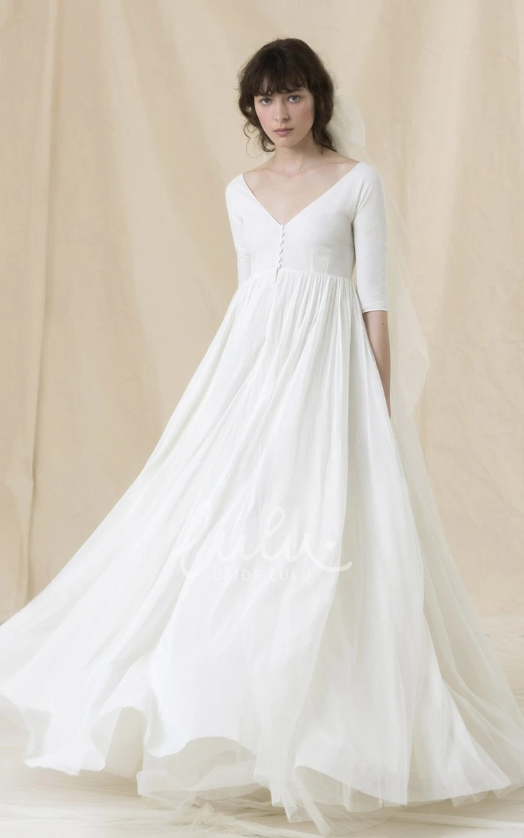 Tulle A Line Floor-length Half Sleeve V-neck Wedding Dress with Ruching Elegant & Timeless