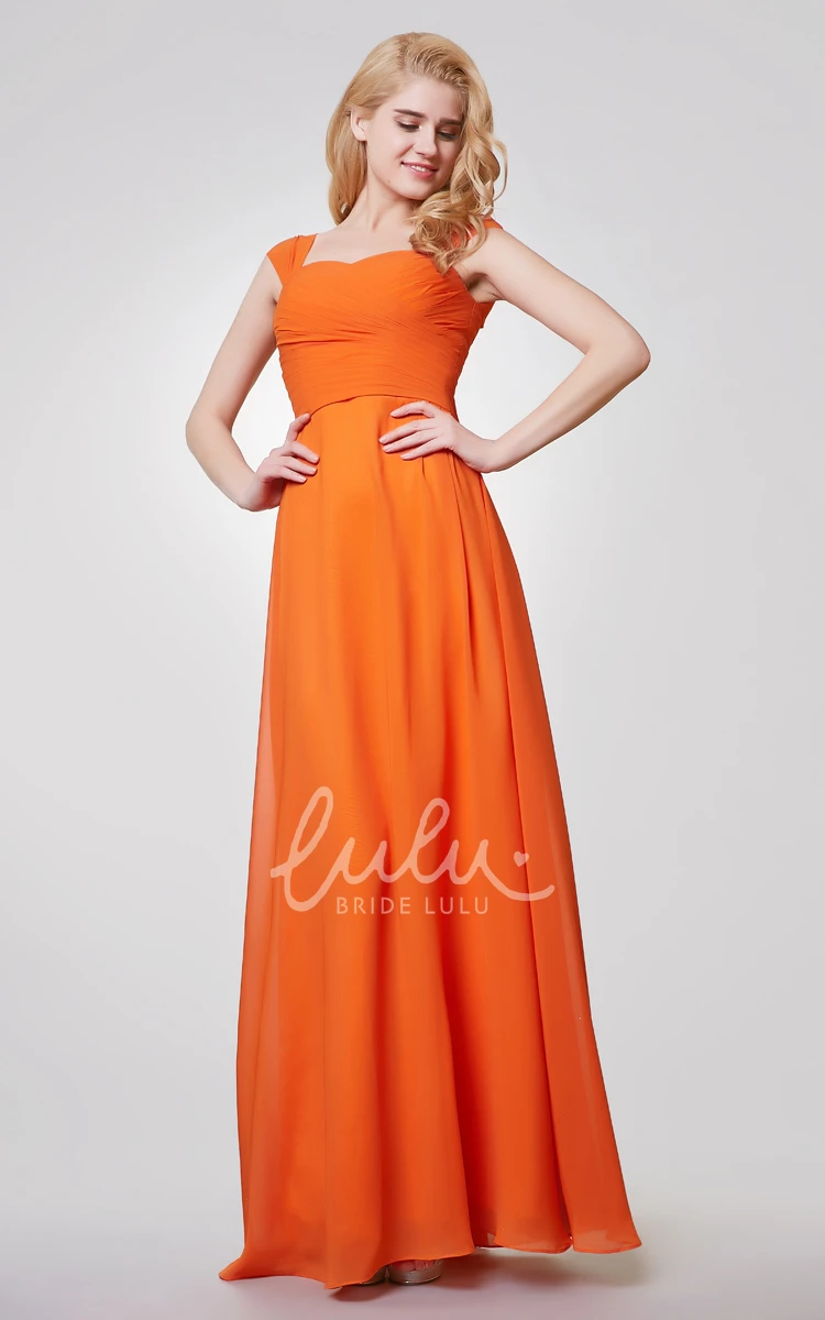 Long Cap Sleeve Chiffon Dress with Bow and Ruching Flowy Bridesmaid Dress