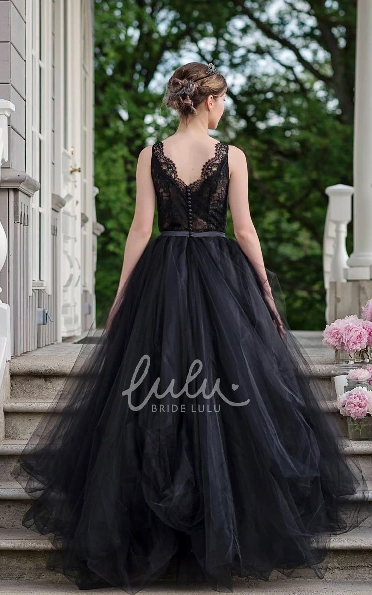 A-Line Sleeveless Floor-length Straps Lace Ruffles Sash Black Wedding Dress