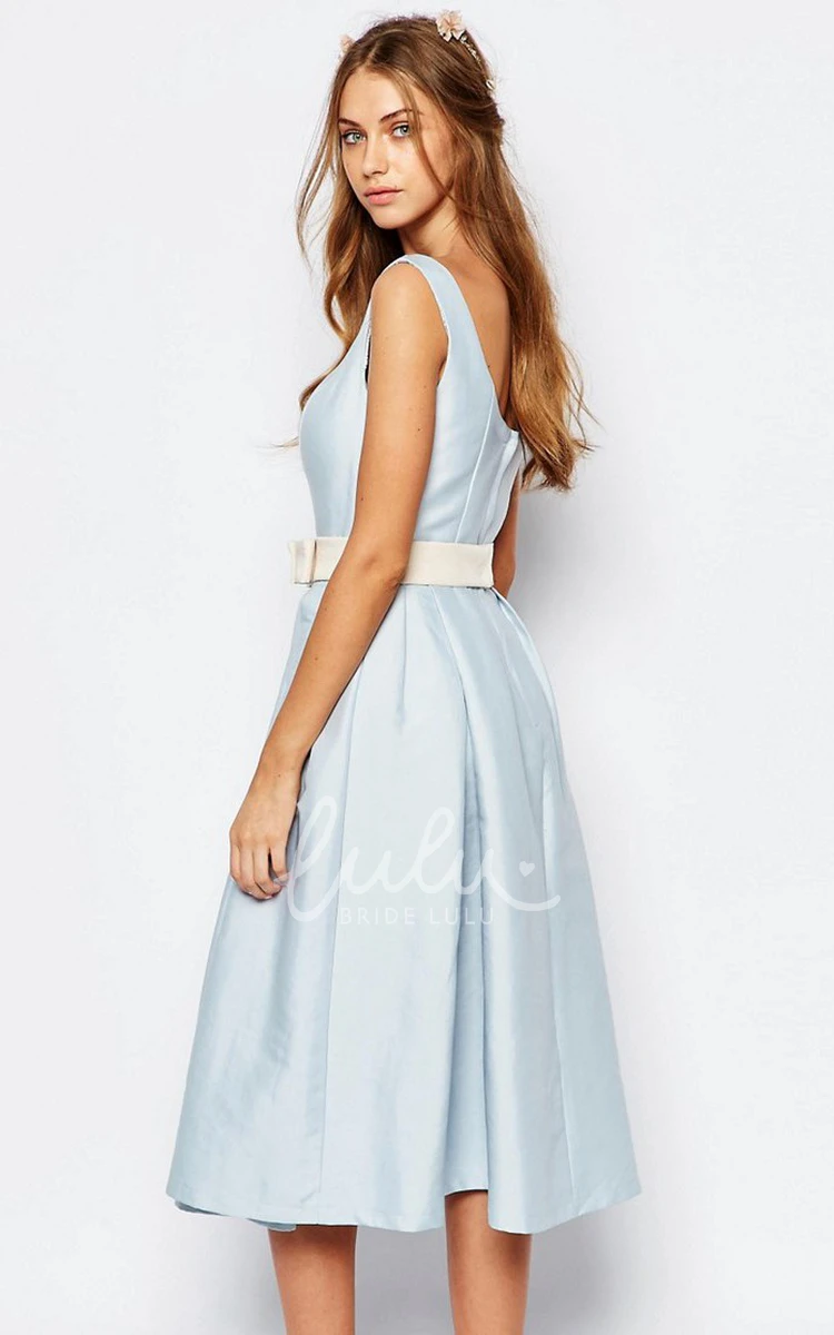 A-Line Satin Bridesmaid Dress Sleeveless Square-Neck Tea-Length Bow