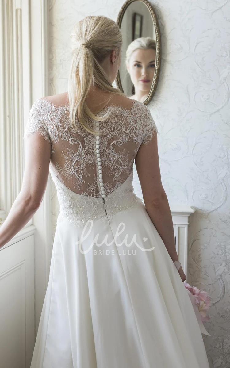 Satin Cap-Sleeve Wedding Dress with Bateau-Neck Lace and Illusion Details