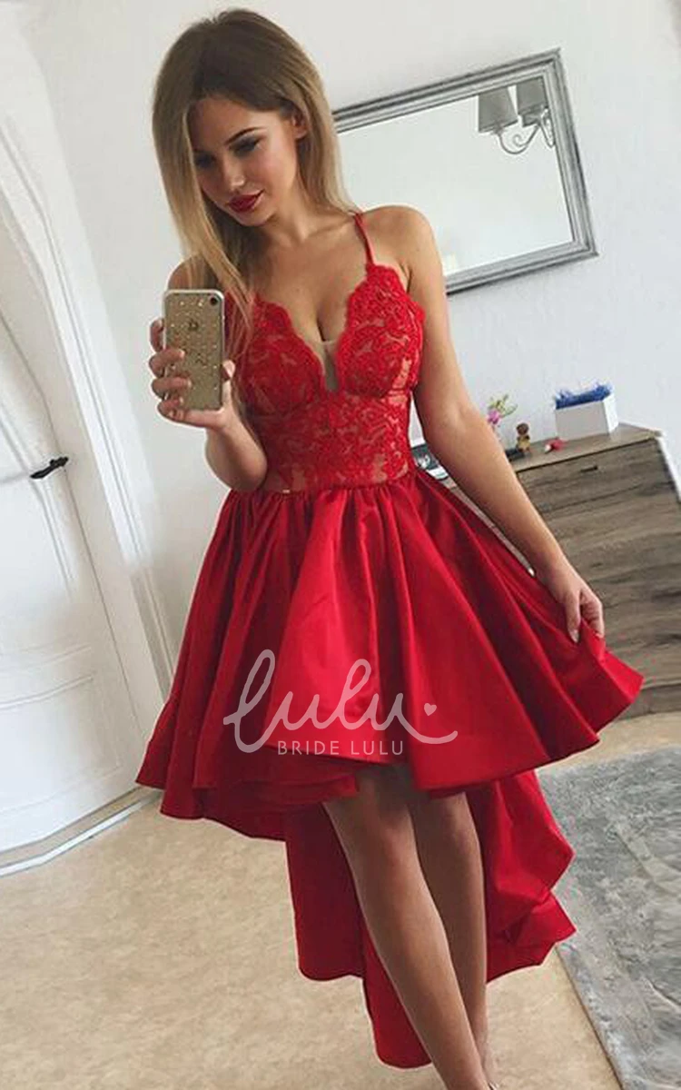 Simple A-Line Satin Lace V-Neck Sleeveless Homecoming Dress with Ruffles