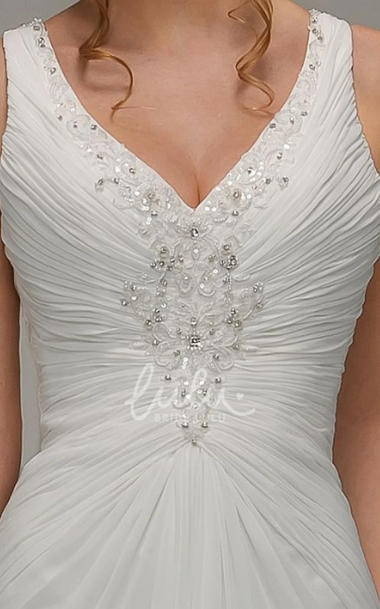 V-Neck Beaded Chiffon Wedding Dress with Ruching and Keyhole Flowy Wedding Dress