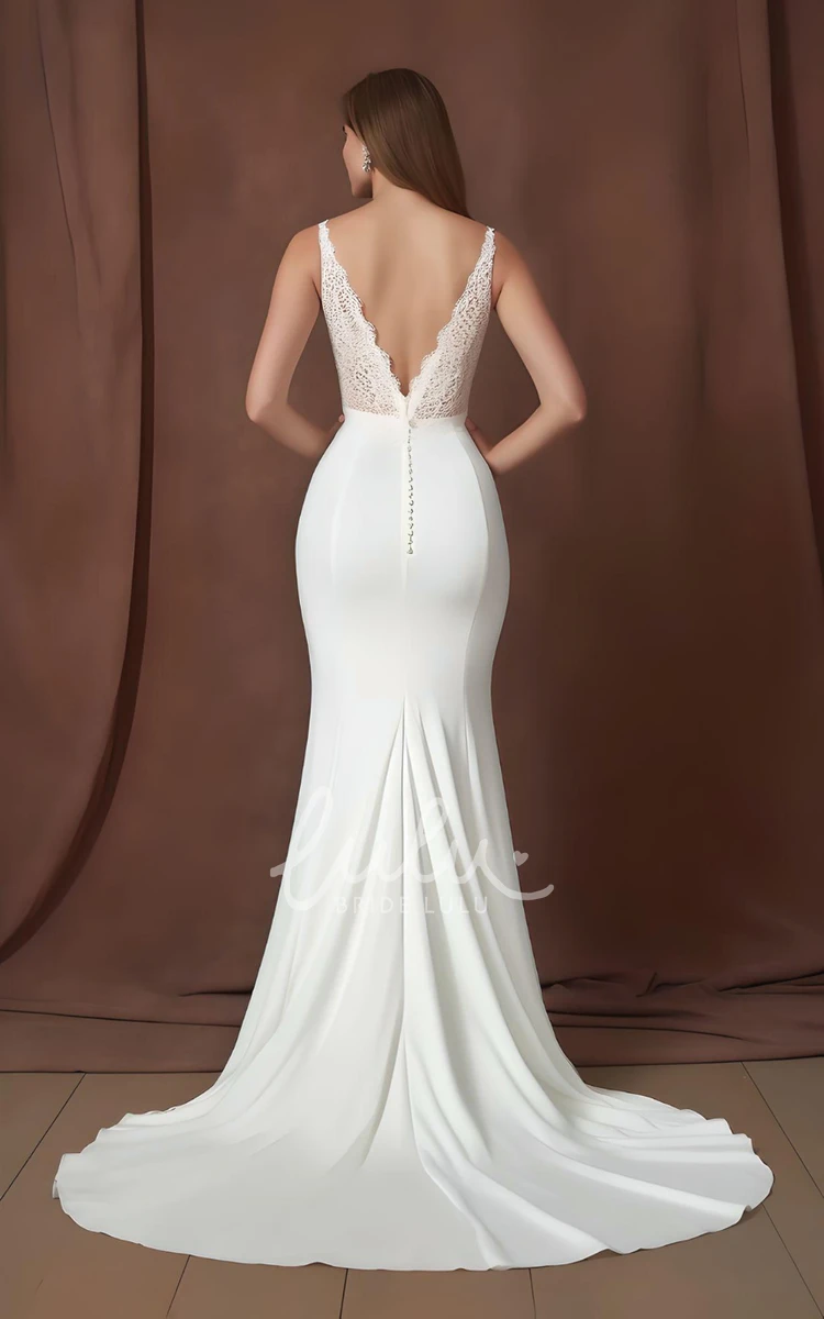 Elegant Satin Lace Mermaid Wedding Dress V-neck Garden Sweep Train 2024 Women's Classy