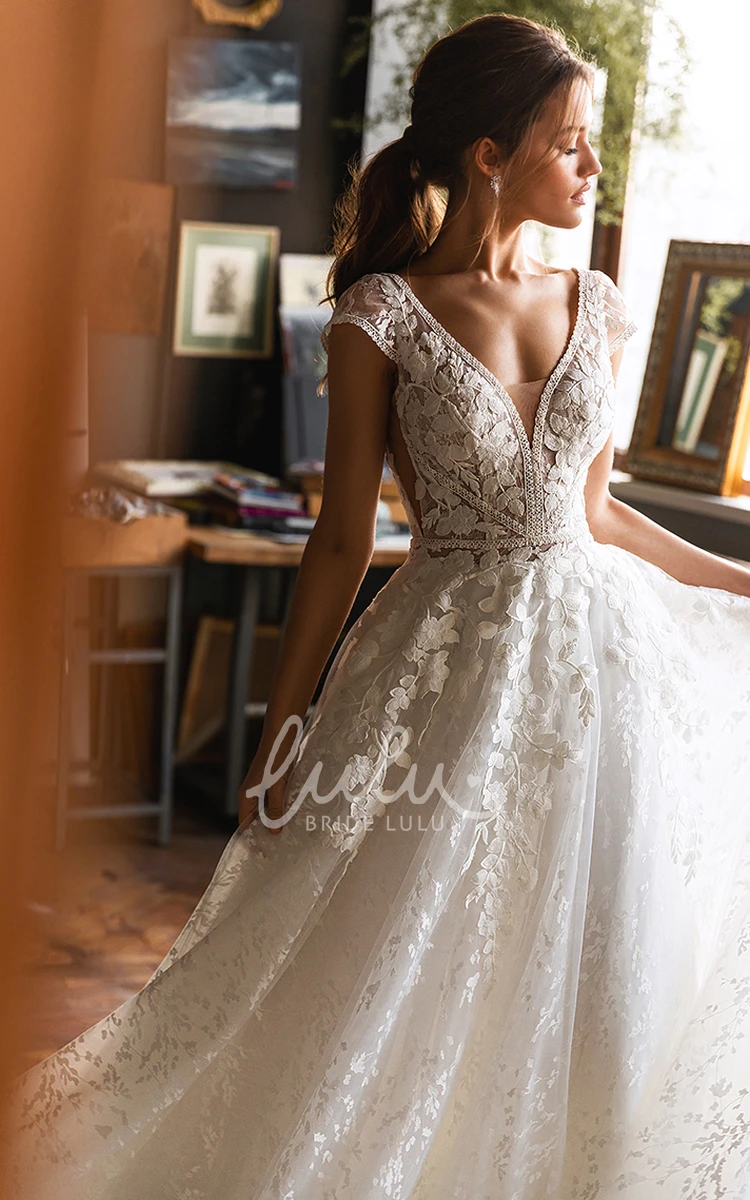 Lace V-neck Short Sleeve Wedding Dress Elegant A Line