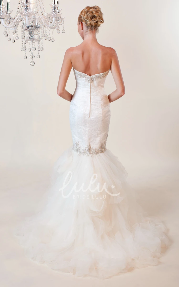 Beaded Strapless Trumpet Tulle Wedding Dress with Lace Modern Bridal Gown