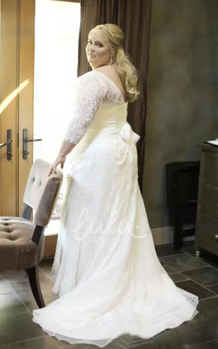 Plus Size Lace Wedding Dress with V-Neckline Long Sleeves and Lace-Up Back