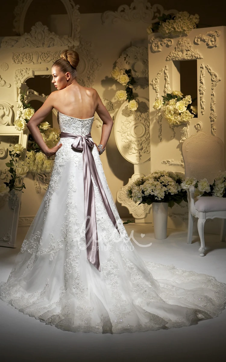 Long Sweetheart Wedding Dress with Appliques and Ruched Bow Sash Classic Bridal Gown