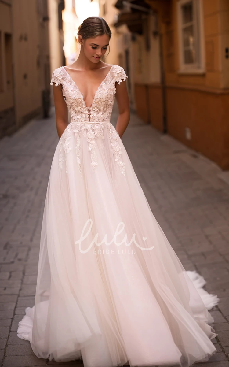 Elegant Ethereal Floor-length Plunging Neckline Flowers Lace Tulle Wedding Dress Sexy Garden A-Line Sleeveless Open Back Appliques Beaded Bridal Gown with Sash