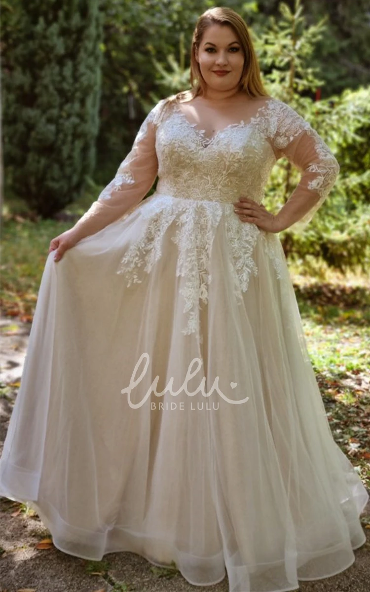 Long Sleeved Tulle A Line Wedding Dress with V-neck and Appliques Floor-length