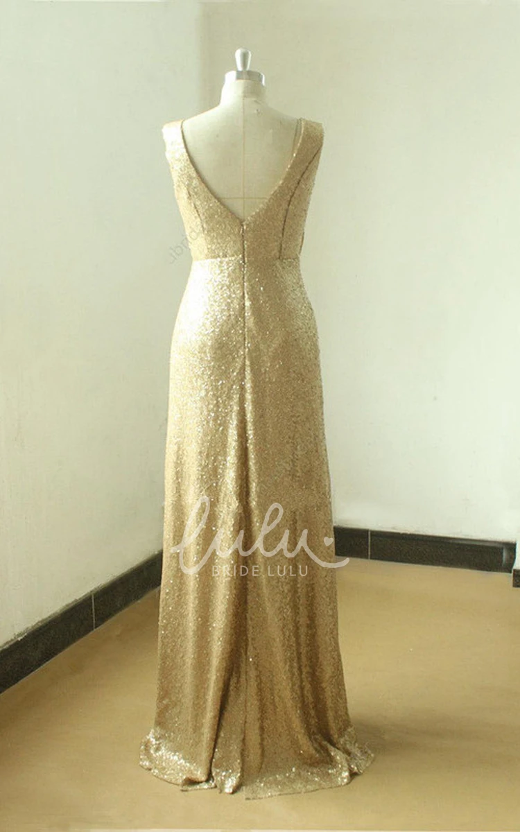 Gold Sequined V-neck Floor-length Formal Dress with Low V Back