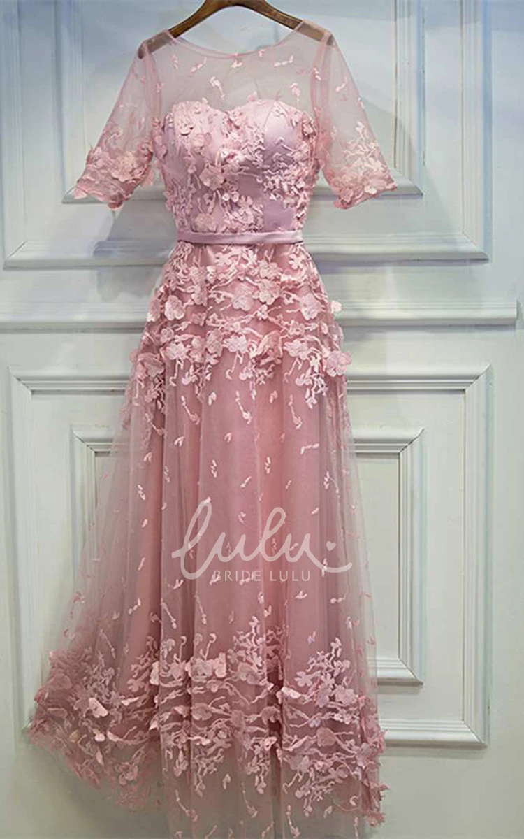 A-Line Lace Dress Half Sleeve Scoop Neck with Sash