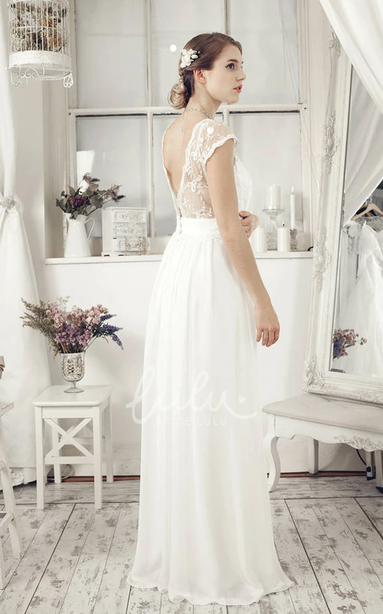 Embroidered V-Neck Chiffon Sheath Wedding Dress with Cap-Sleeves