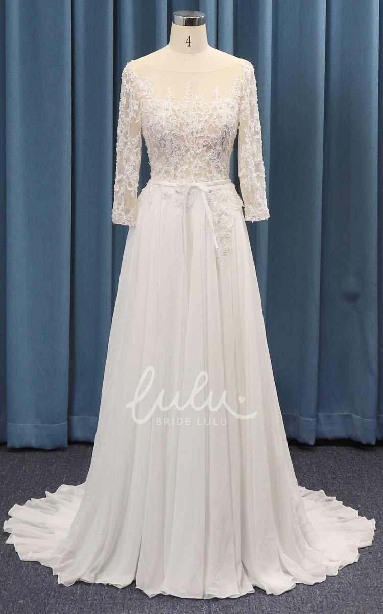 A-line Lace Top Wedding Dress with 3/4 Sleeves and Chiffon Ruching