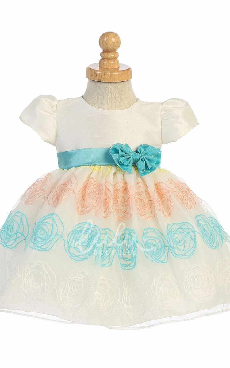 Floral Organza & Taffeta Flower Girl Dress with Embroidery and Ribbon Tea-Length