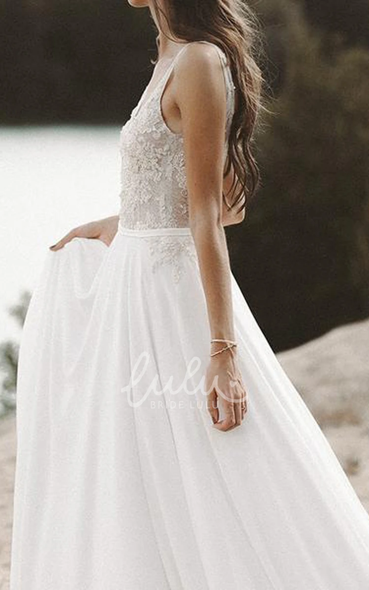 Chiffon Lace Low-V Back Wedding Dress with Beading A-Line Sleeveless Sexy Illusion