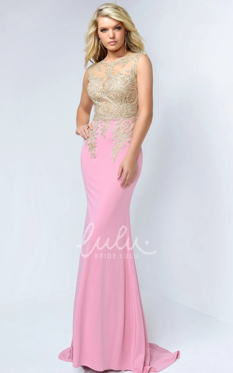 Long Sleeveless Formal Dress with Scoop-Neck and Jersey Illusion Beading