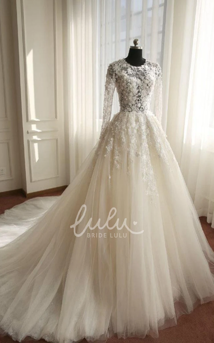 A-Line Tulle Lace Dress with Bell Sleeves Beading and Appliques