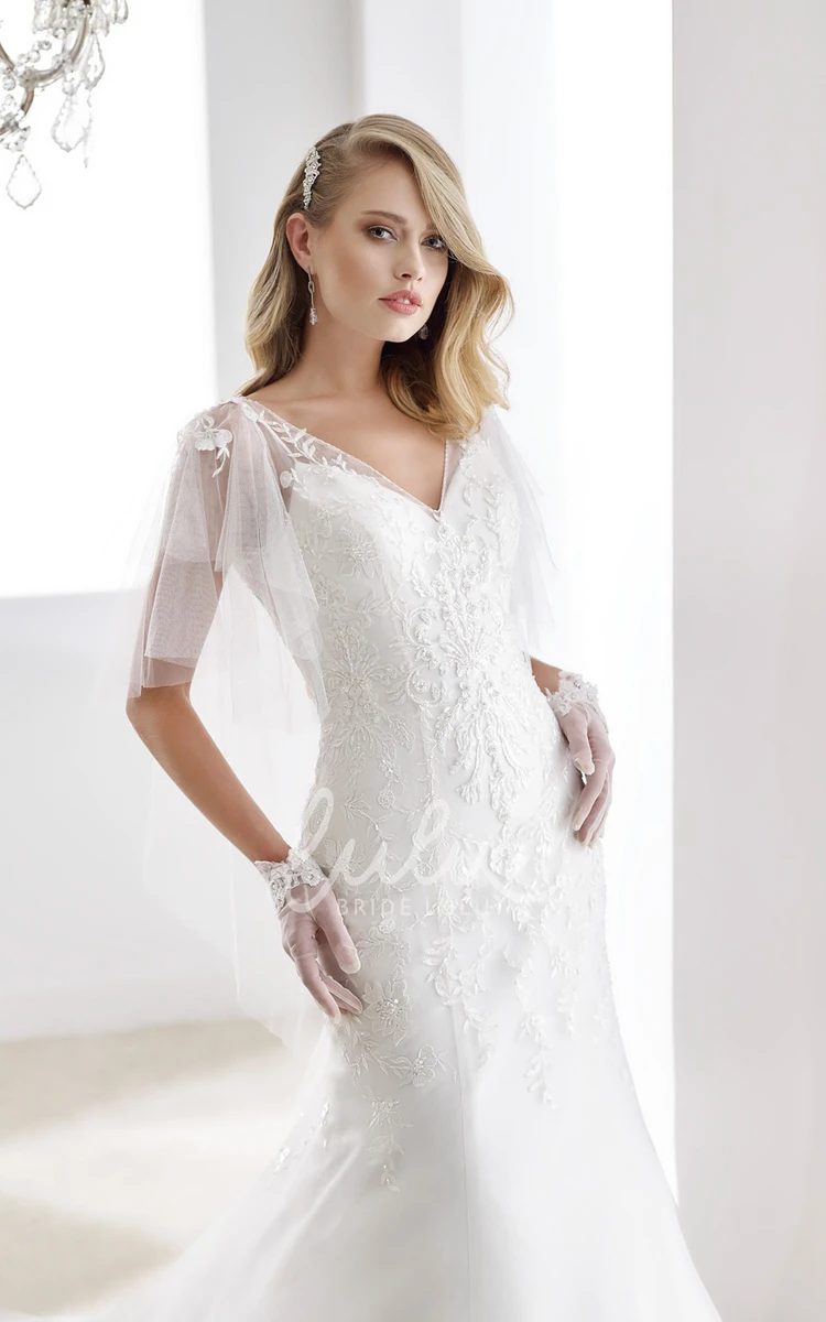 Open Back Sheath Mermaid Wedding Dress with Cape Sleeves and V-Neck