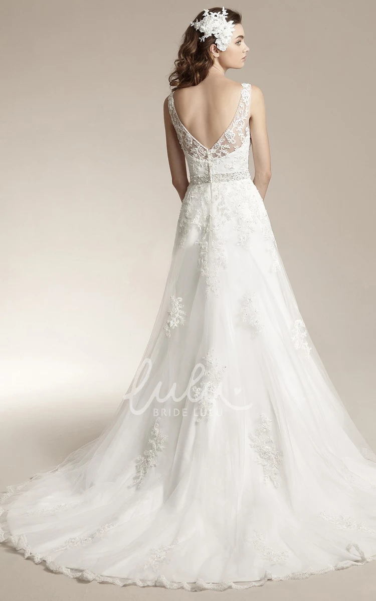 A-Line Wedding Dress with Bateau-Neck Appliques and Low V-Back