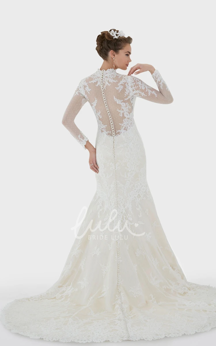 Long-Sleeve High Neck Mermaid Wedding Dress with Lace Illusion