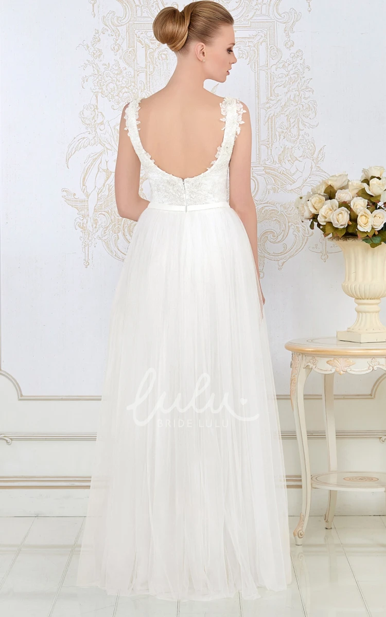 Pleated Tulle A-Line Wedding Dress Sleeveless V-Neck Floor-Length Appliqued