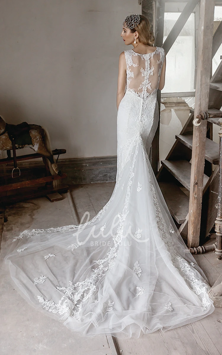 Lace V-Neck Wedding Dress with Chapel Train and Illusion Elegant Maxi Bridal Gown