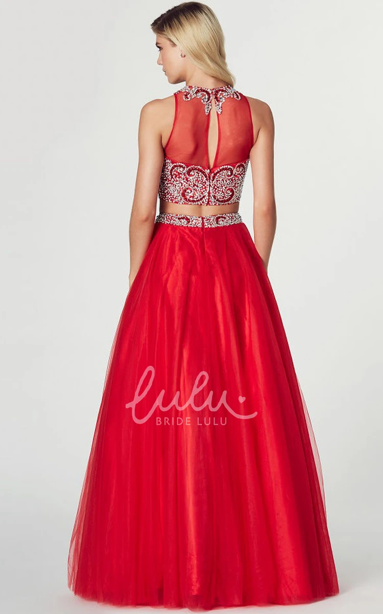 Maxi High Neck Sleeveless Beaded Tulle Prom Dress A-Line