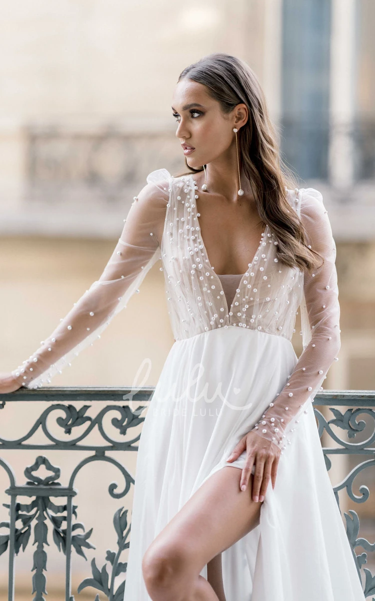 Romantic Sexy Chiffon Beaded A-Line V-neck Wedding Dress Elegant Vintage Long Sleeve Floor-length Split Bridal Gown with Train