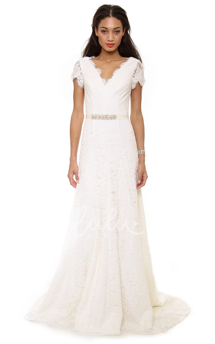 A-line Lace Sweep Floor Dress with Low-V Back Boho Wedding Dress