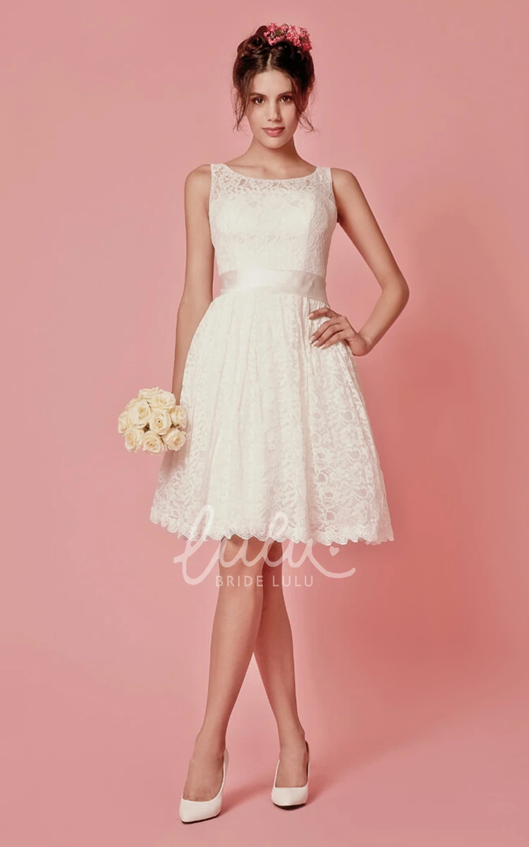 Lace Sleeveless A-Line Short Wedding Dress with Scoop Neckline