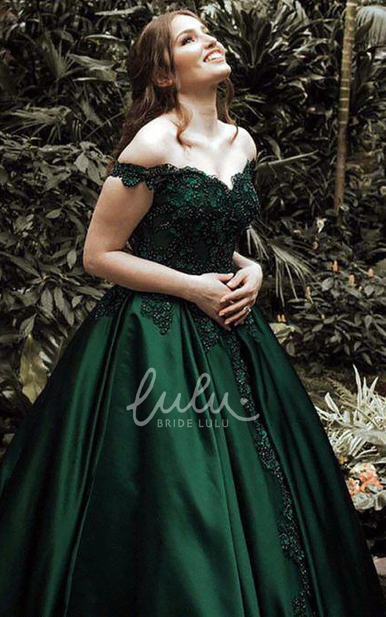 Ball Gown Satin Lace Formal Dress with Off-the-Shoulder Cap Sleeves and Sweep Train
