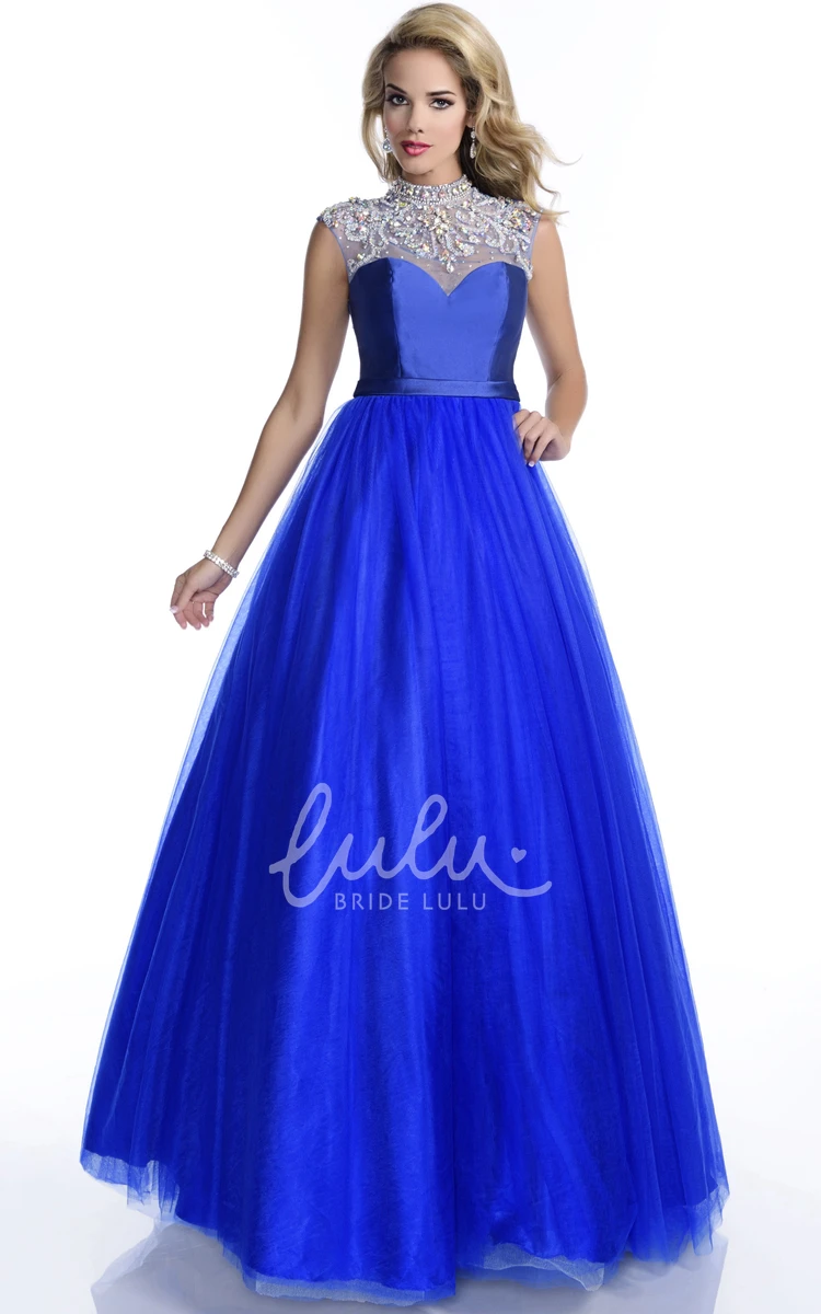 High Neck Tulle Prom Dress with Rhinestone Appliques and Cap Sleeves