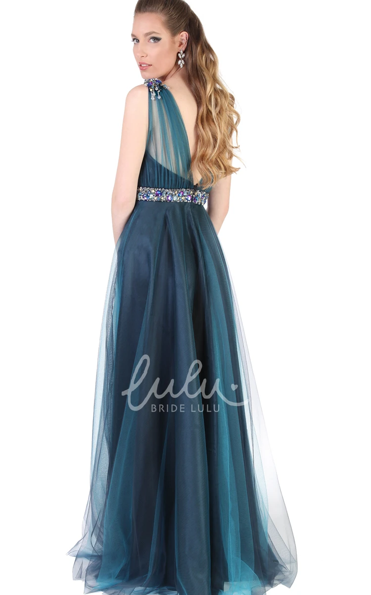 Sleeveless A-Line Tulle&Satin Prom Dress with Beaded Scoop-Neck and Pleats