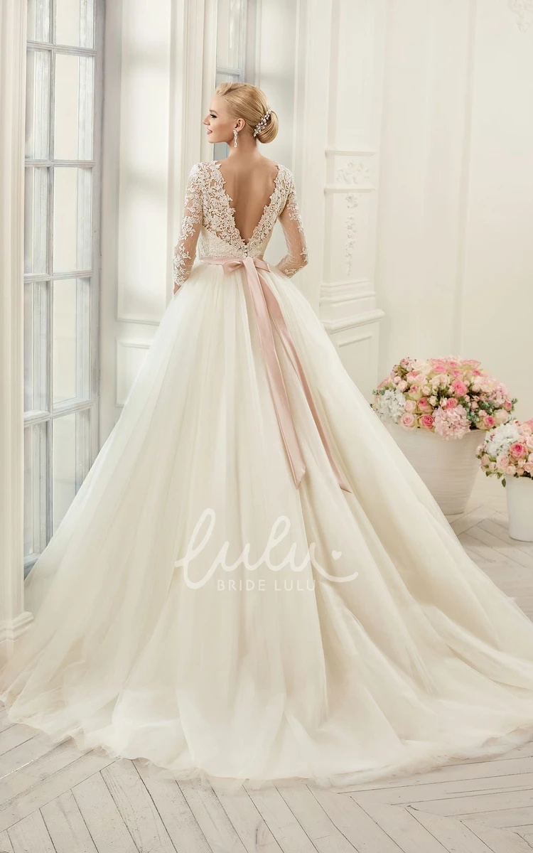 Ball Gown Deep-V-Back Tulle Lace Wedding Dress with Waist Jewelry