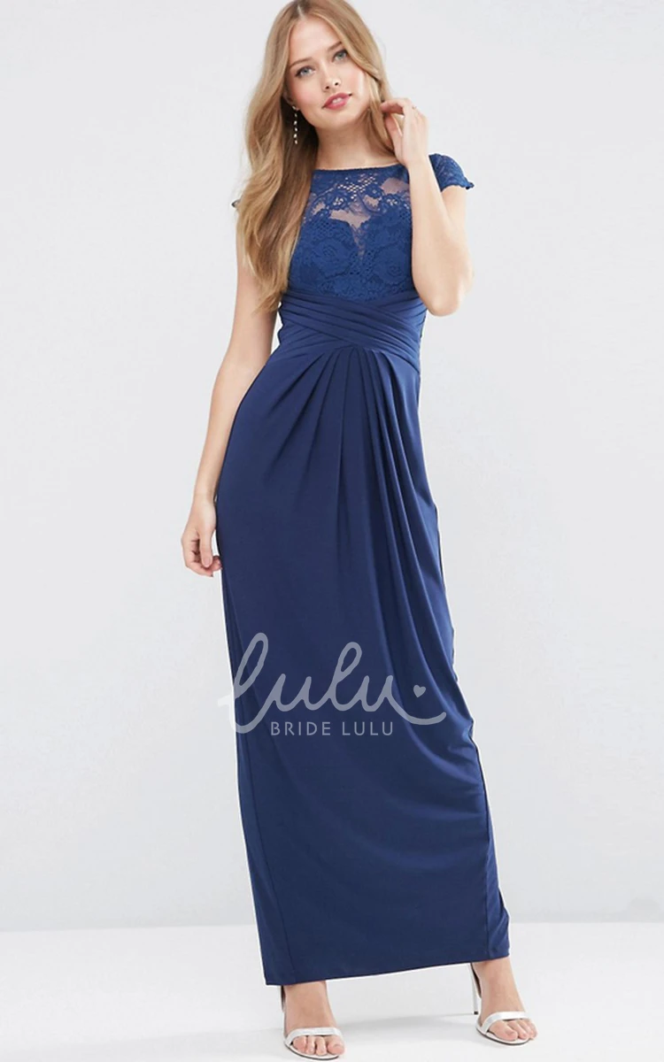 Maxi Chiffon Bridesmaid Dress with Appliques and Split Back in Cap-Sleeve Bateau-Neck Style