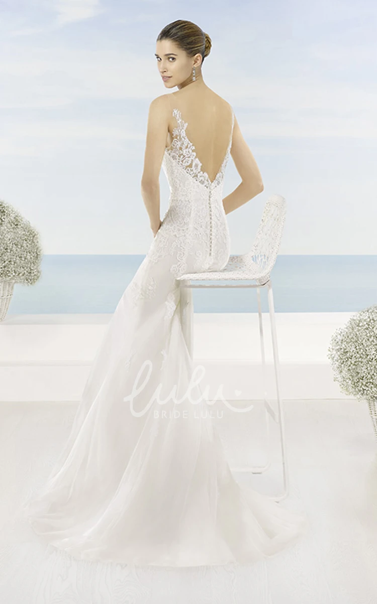 Sleeveless V-Neck Lace Wedding Dress with Sweep Train and Deep-V Back Classic Bridal Gown