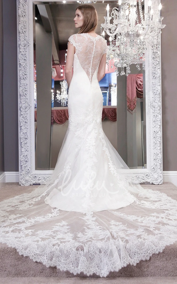 V-Neck Cap-Sleeve Lace Trumpet Wedding Dress with Illusion Unique Bridal Gown for Women